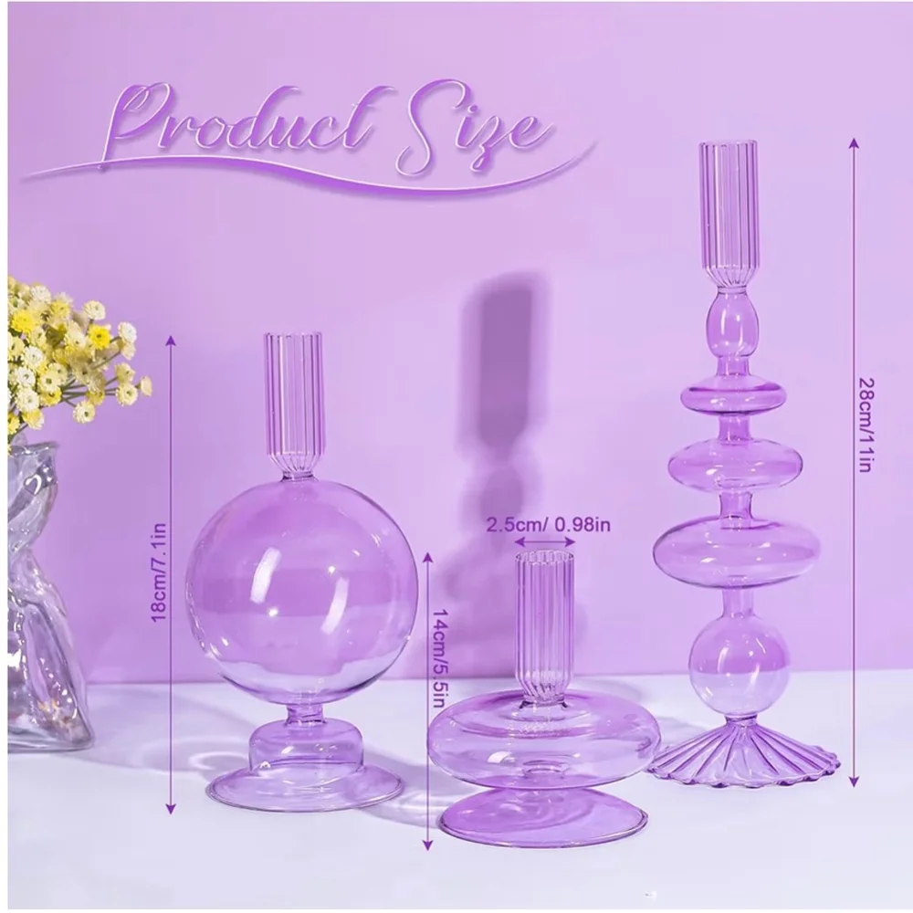 NEW Purple 3 Pcs Glass Candlestick Glass Taper Candle Holders